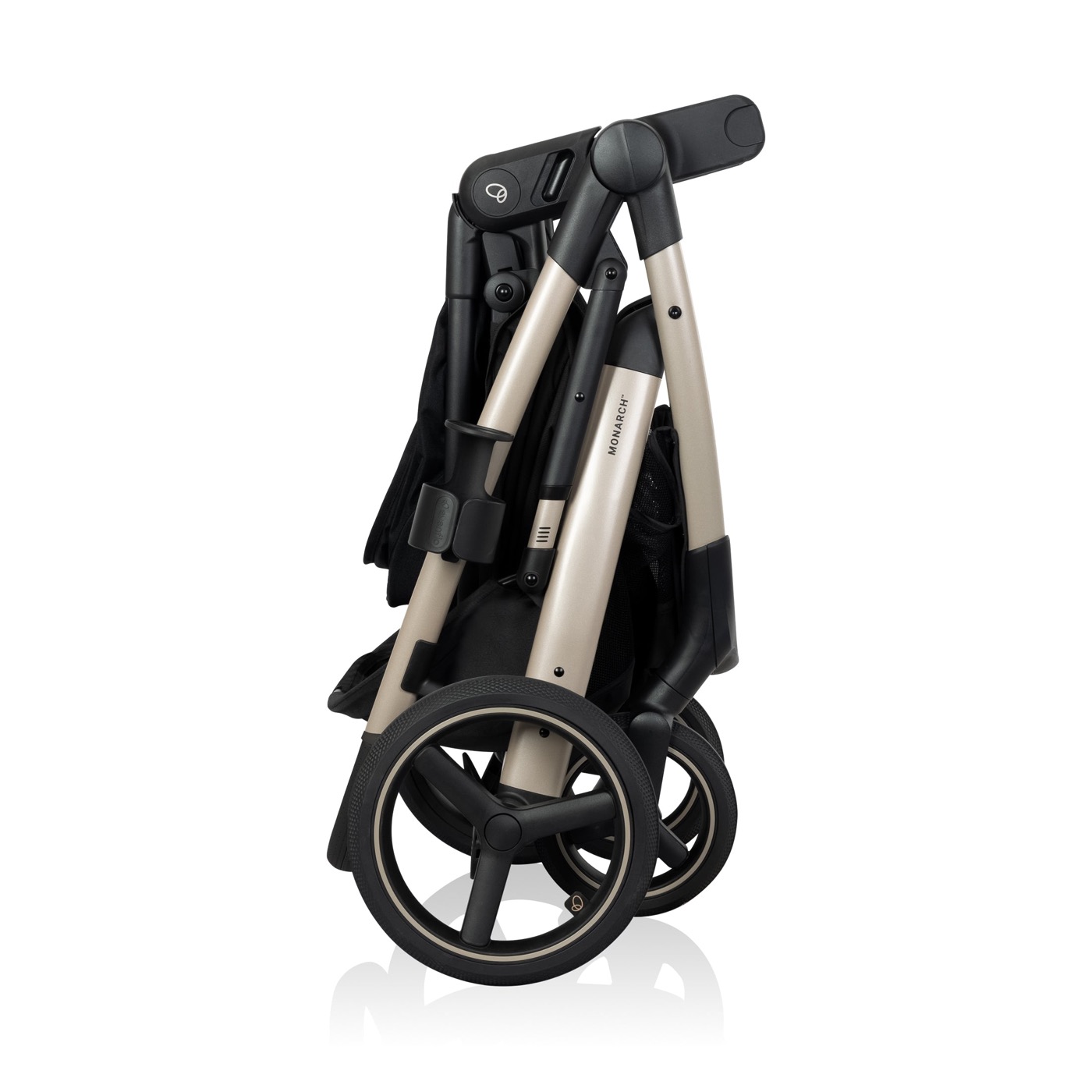 The Evenflo Monarch stroller folded and standing on its own, toddler seat attached.