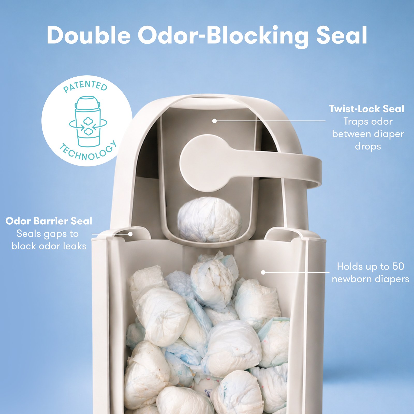 A cutaway of the Frida diaper pail showing the twist-lock seal at the top and the odor barrier seal around the bag, with diapers inside.