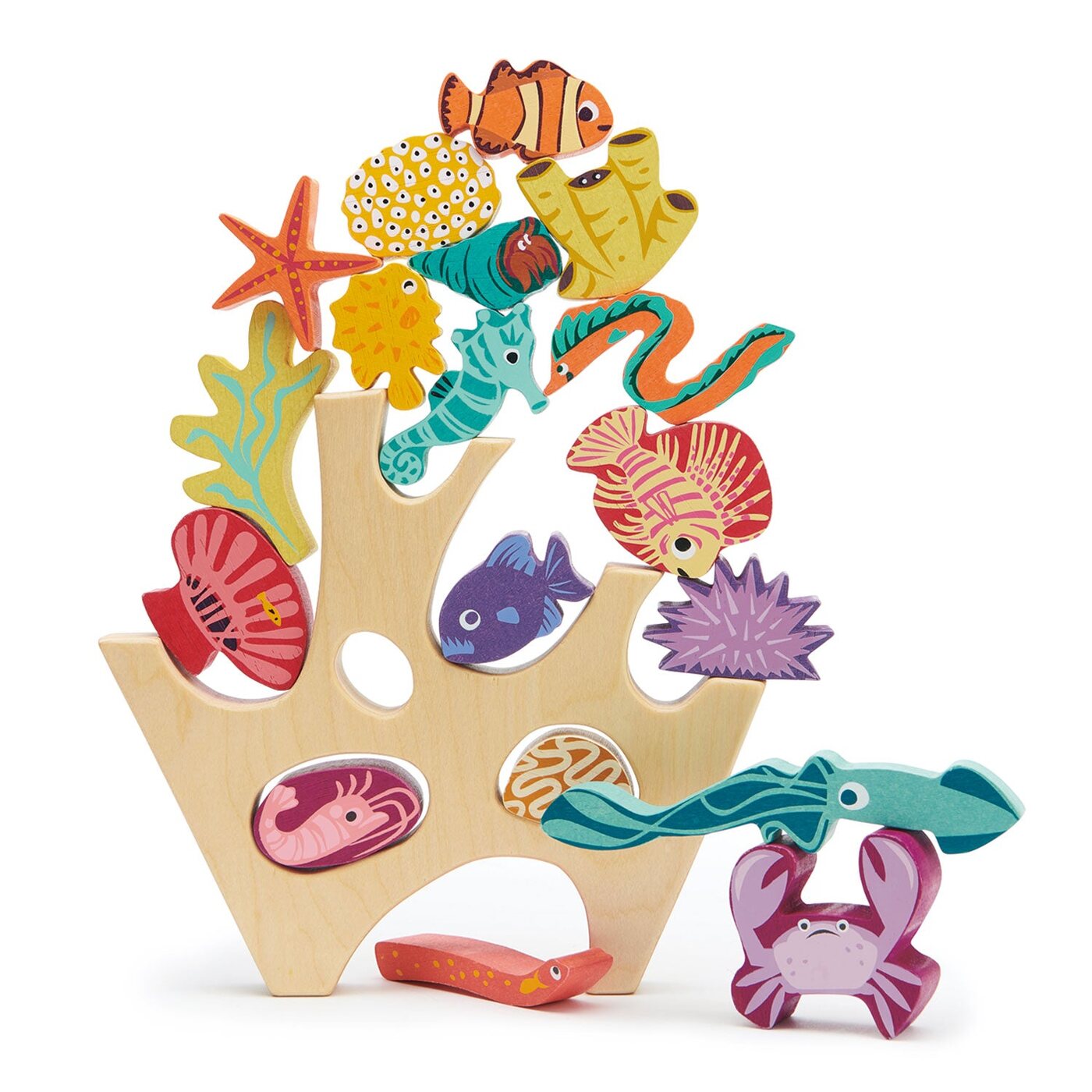 The Tender Leaf Toys Stacking Coral Reef, a wooden reef with balancing fish and crabs, on a white background.