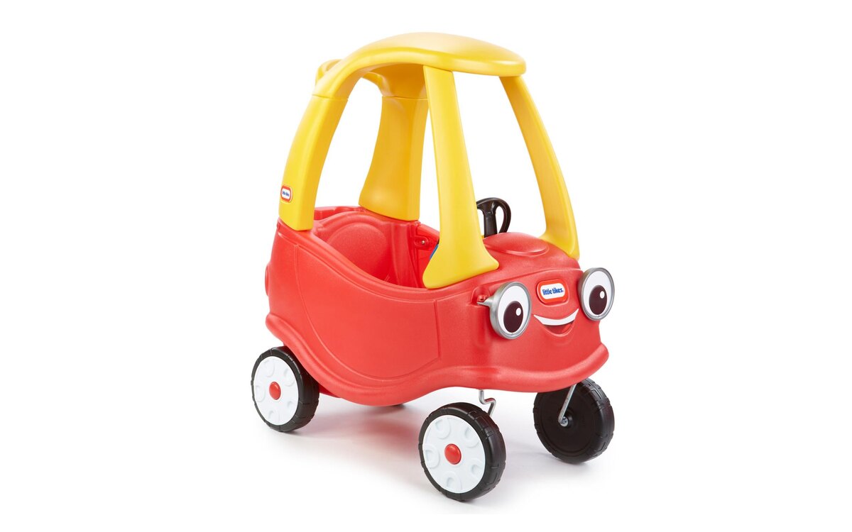 The red and yellow Little Tikes Cozy Coupe ride-on car, photographed on a white background.