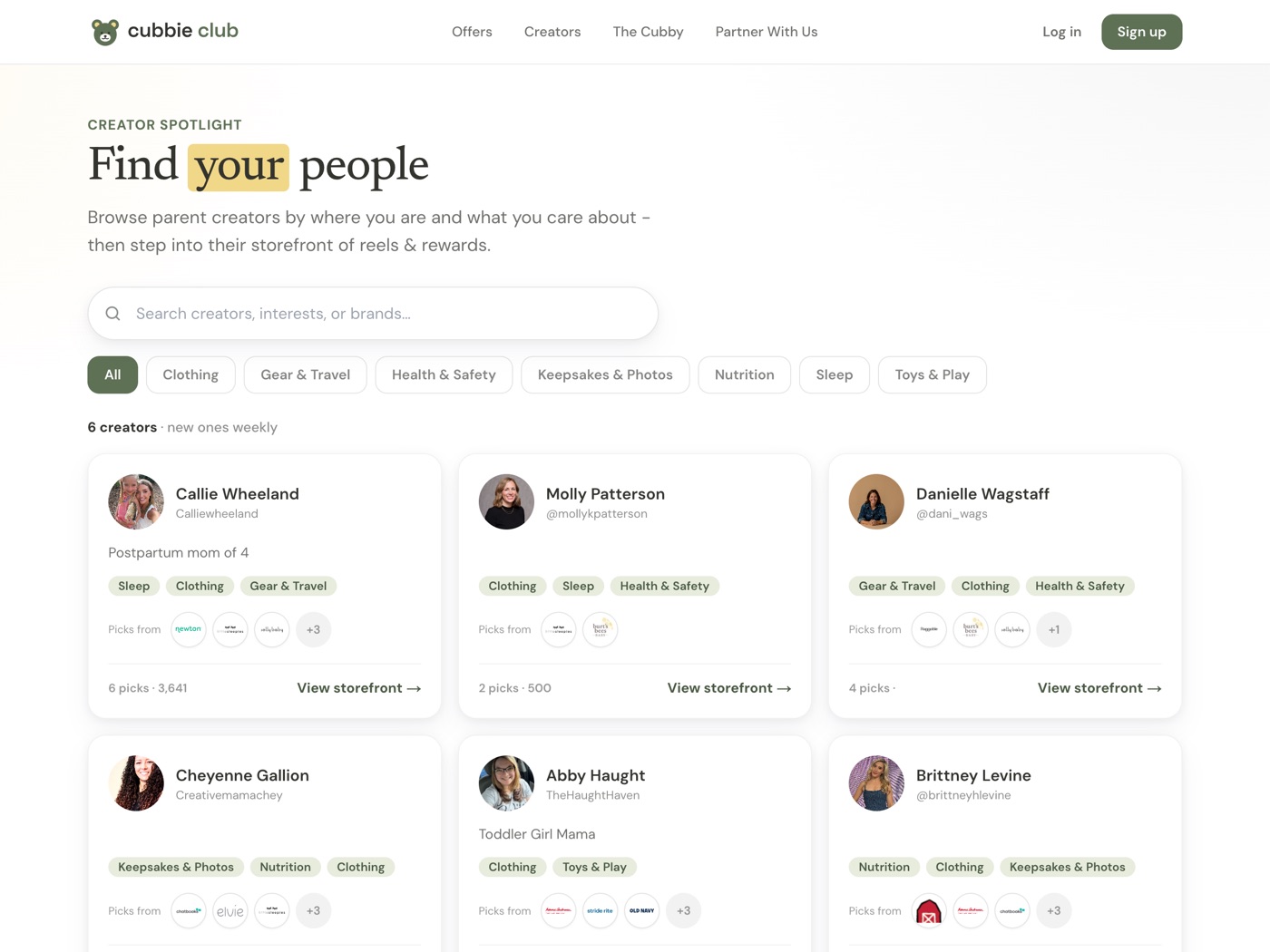 The Creator Spotlight page on Cubbie Club, with parent creators and their categories.
