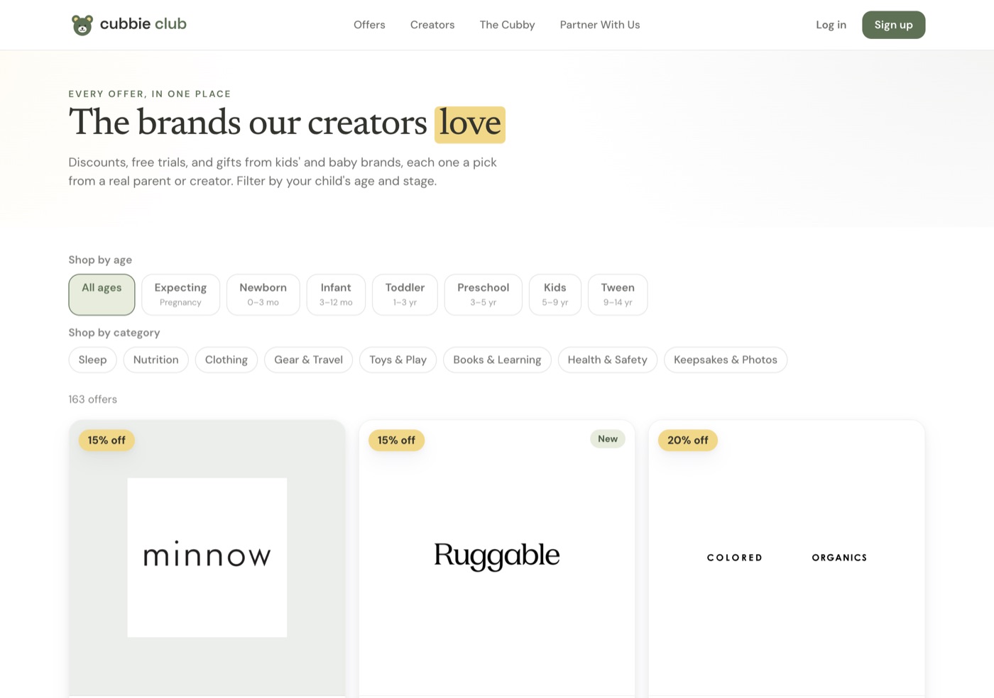 The Cubbie Club Offers page showing filters for age, stage, and category.