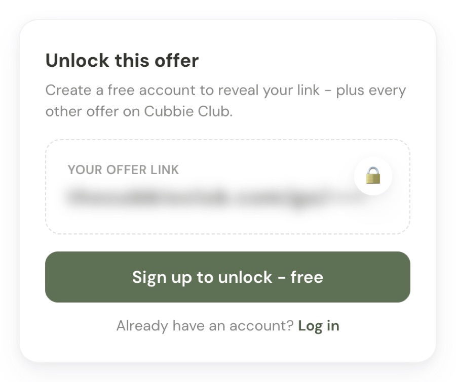 The 'Unlock this offer' card on a Cubbie Club offer page, showing a locked link and a free sign-up button.