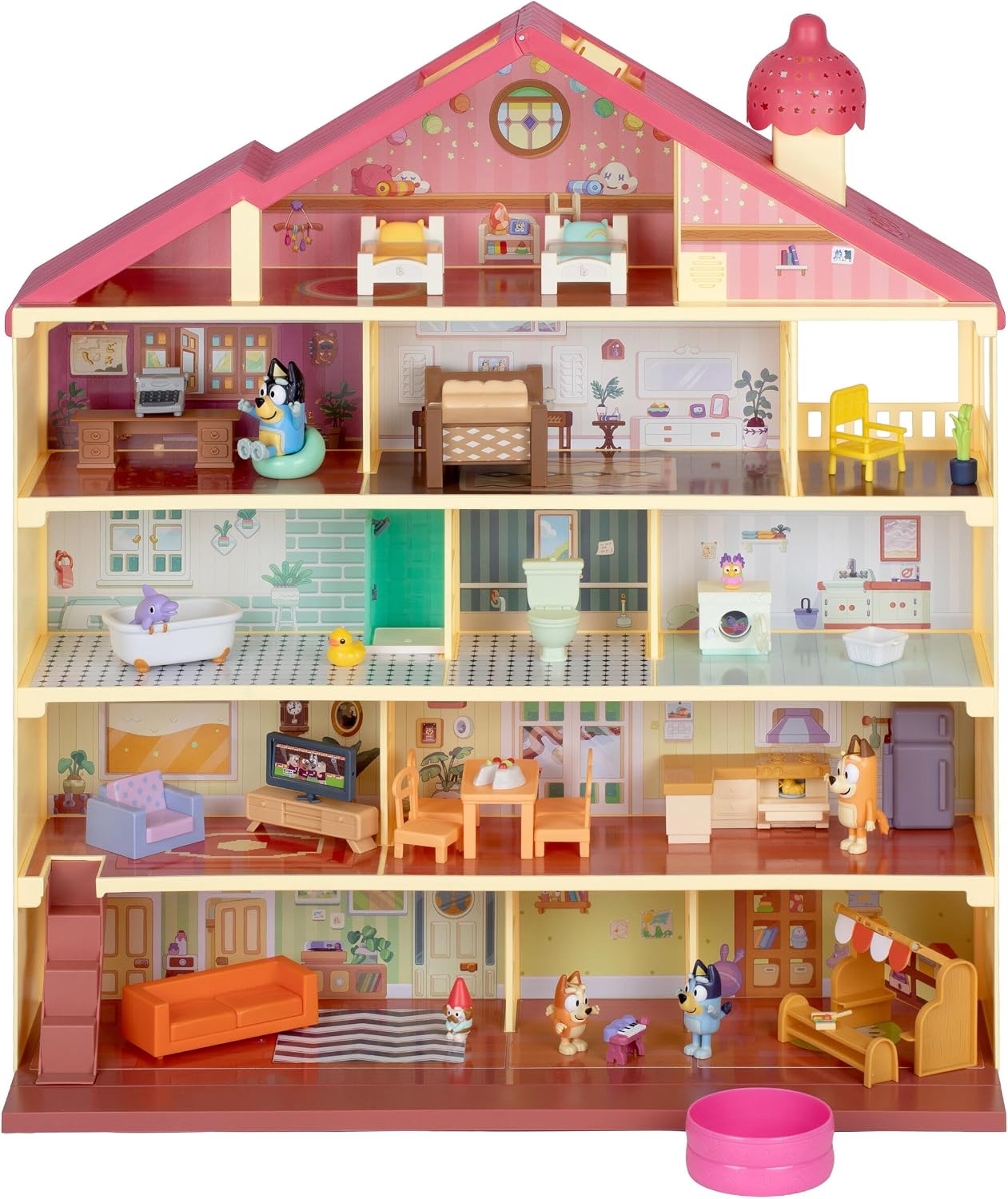 Bluey's Light and Surprise Heeler House, a five-storey pink and cream doll's house with furniture in every room.