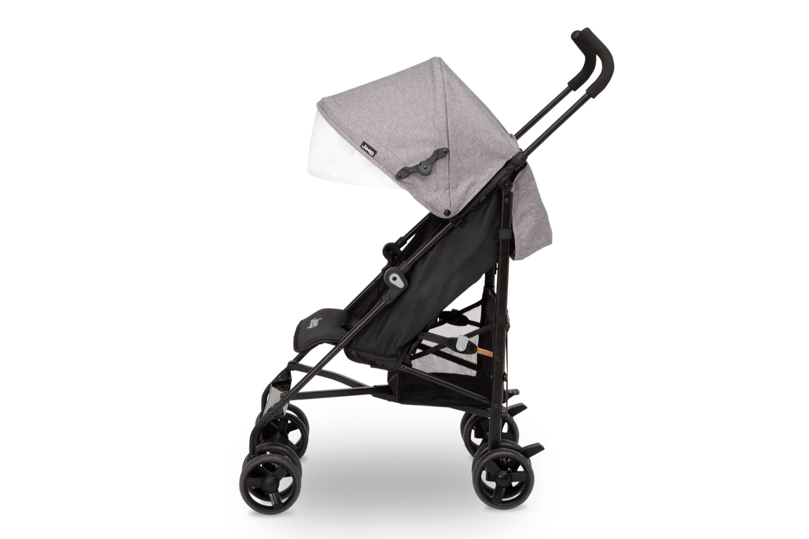 The Jeep TurboGlyde stroller in grey from the side, canopy extended.