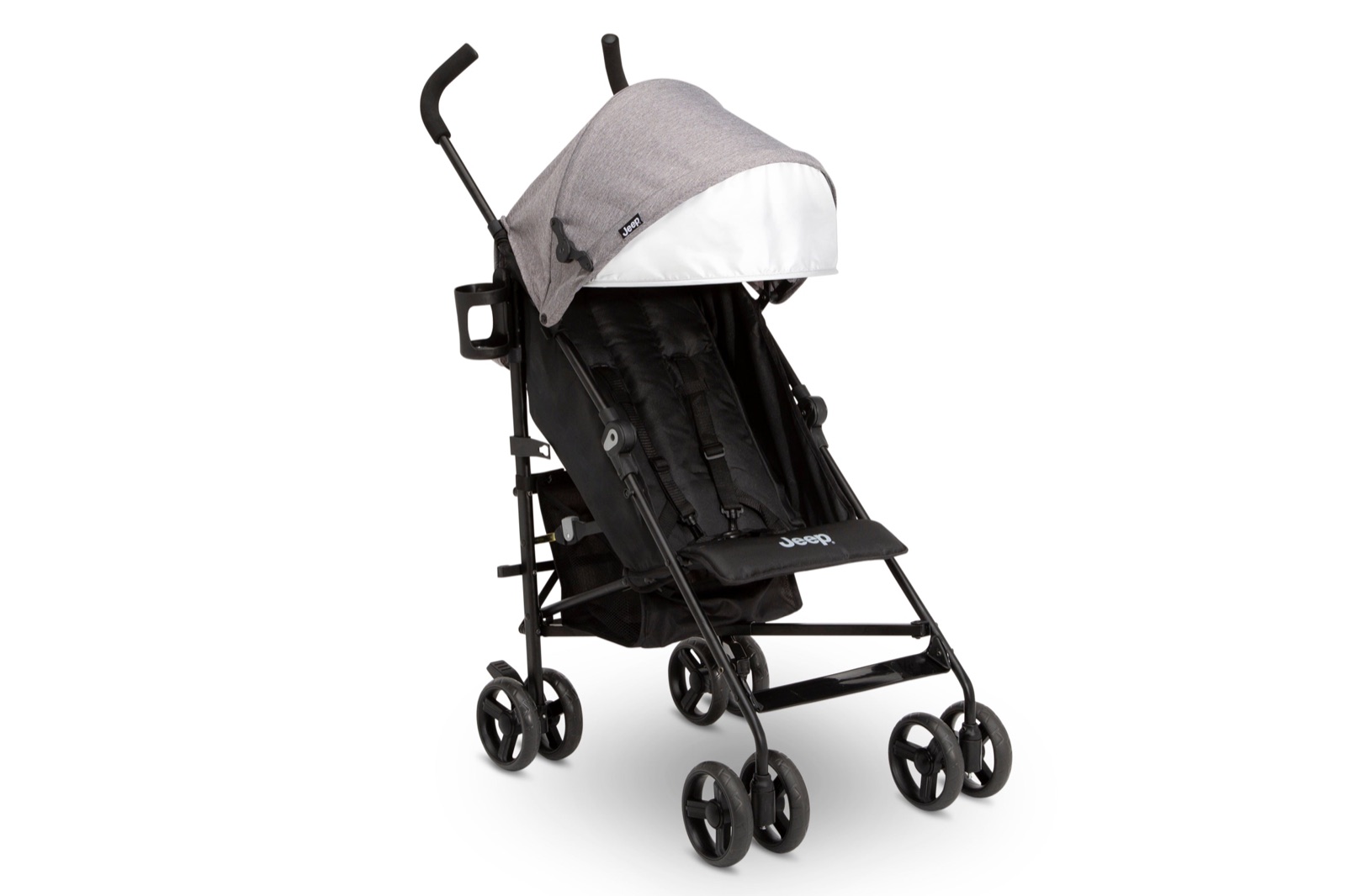 The Jeep TurboGlyde lightweight stroller in grey, seen from the front three-quarter, on a white background.