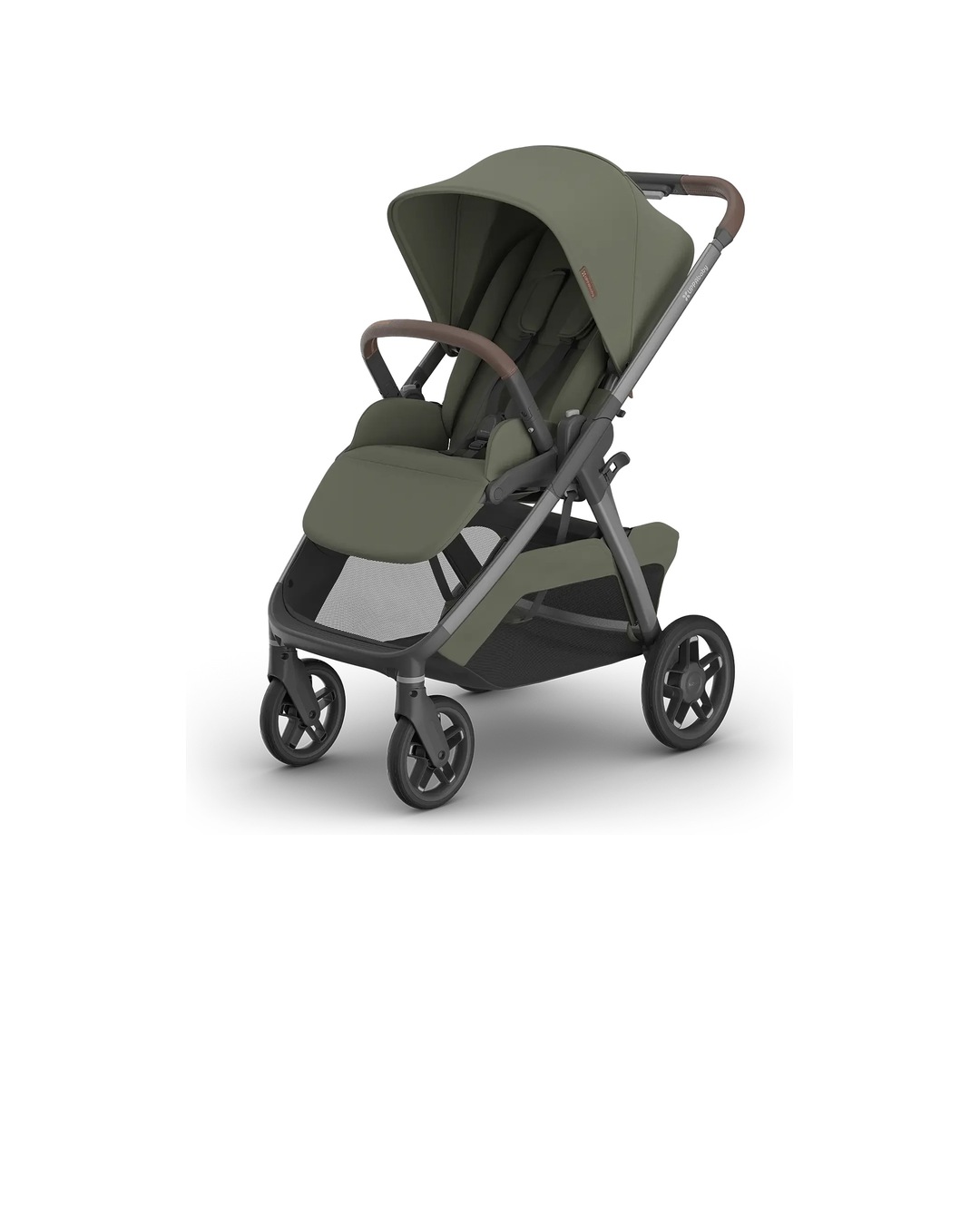 The UPPAbaby Kona in Evelyn, a meadow green seat and canopy on a graphite frame.