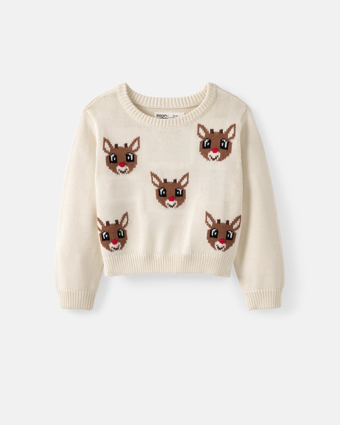 A cream knit sweater with five Rudolph faces knitted into the front.