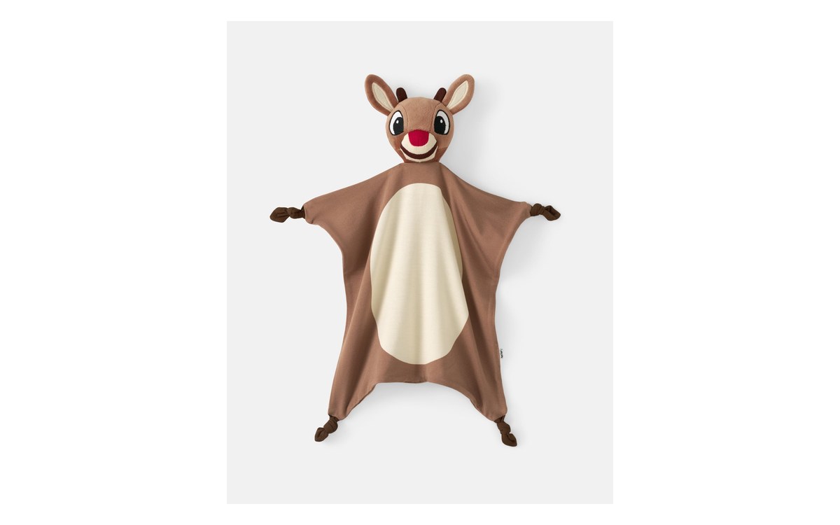 The Little Sleepies Rudolph Lovey, a brown plush reindeer head with a red nose on an attached knotted blanket.