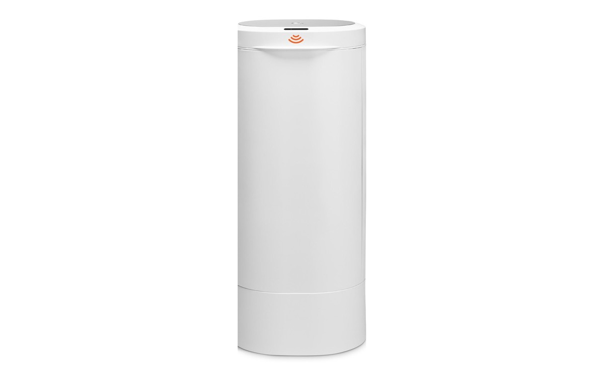 The Munchkin CycloSeal Touch Free Pro diaper pail in white, with the wave sensor on the front of the lid.
