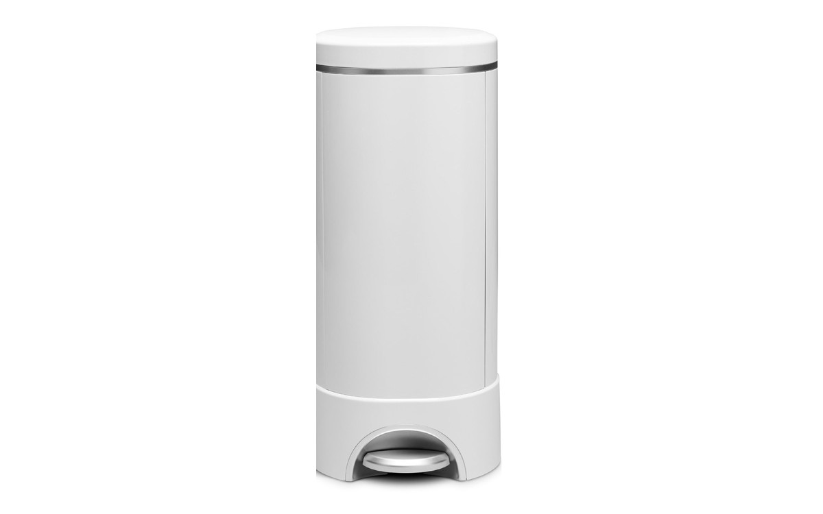 The Munchkin CycloSeal Step Pro diaper pail in white, showing the foot pedal at the base.