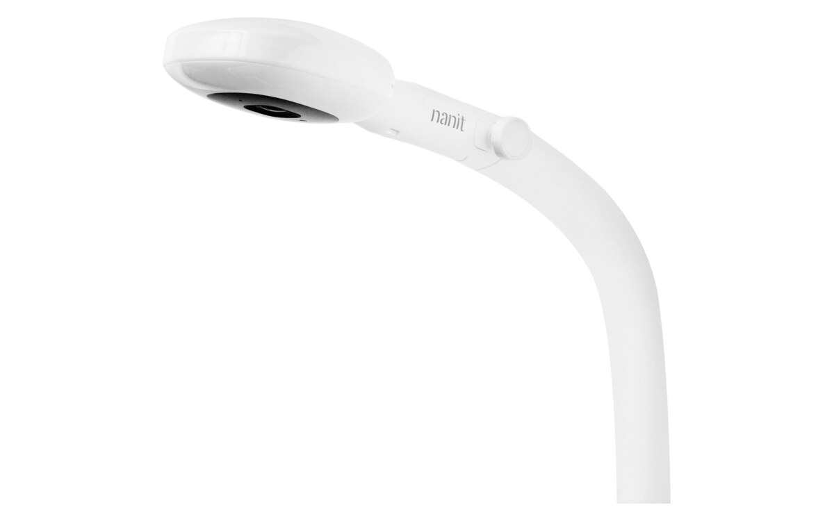 The Nanit Pro camera head on its curved white arm, photographed on a white background.