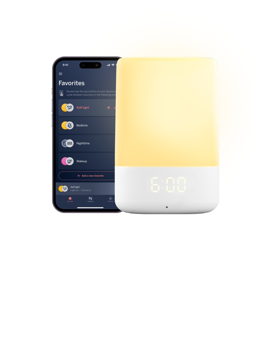 The Nanit Sound + Light Machine beside a phone showing the Nanit app, on a white background.