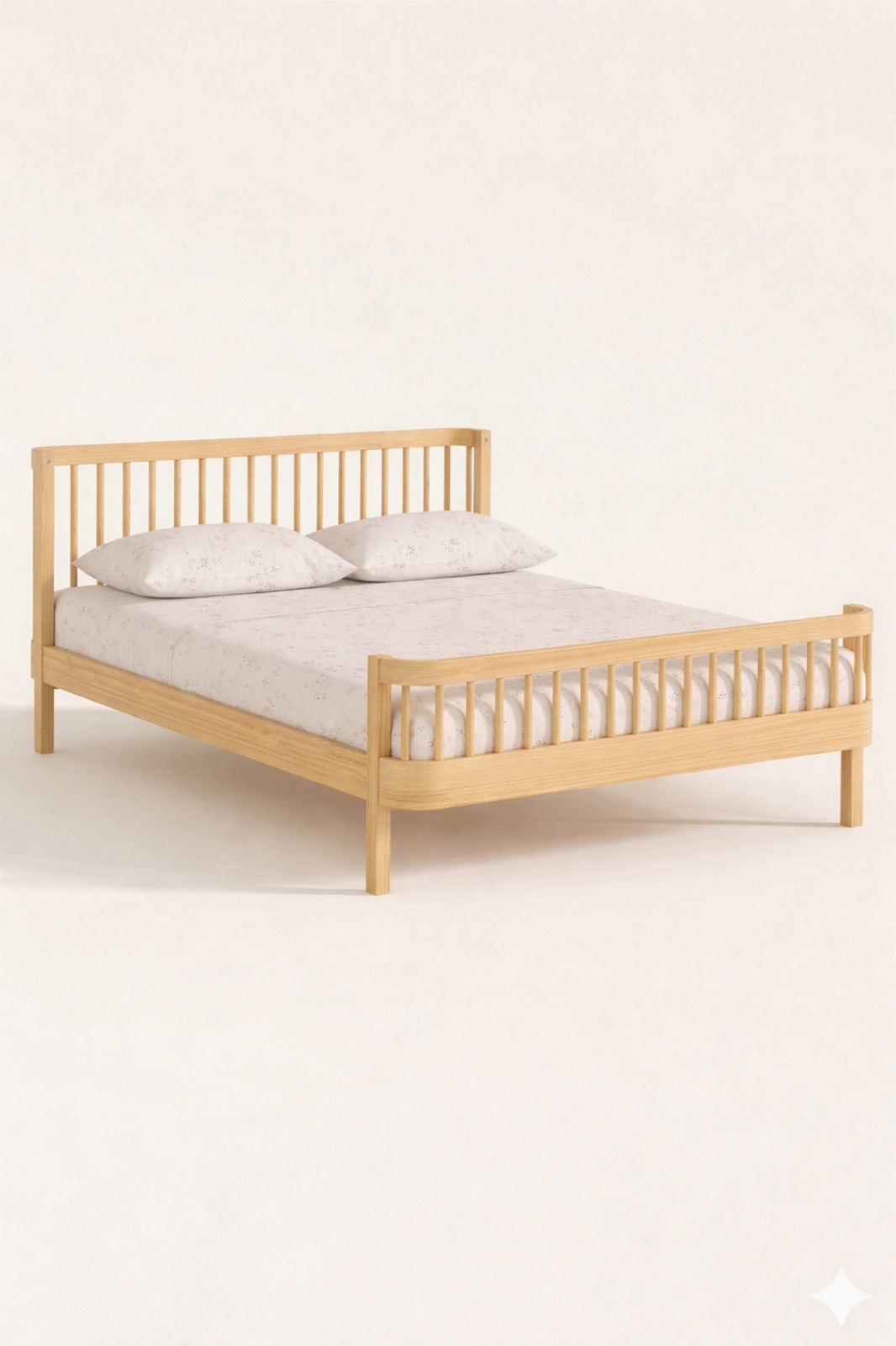 The Wave Full Bed in natural wood on legs, seen from the corner, with white bedding.