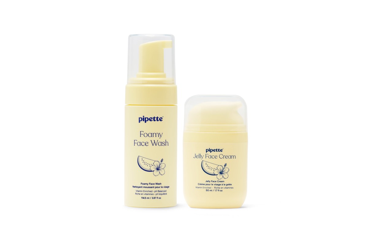 Pipette's Foamy Face Wash and Jelly Face Cream, both in pale yellow bottles, side by side on a white background.