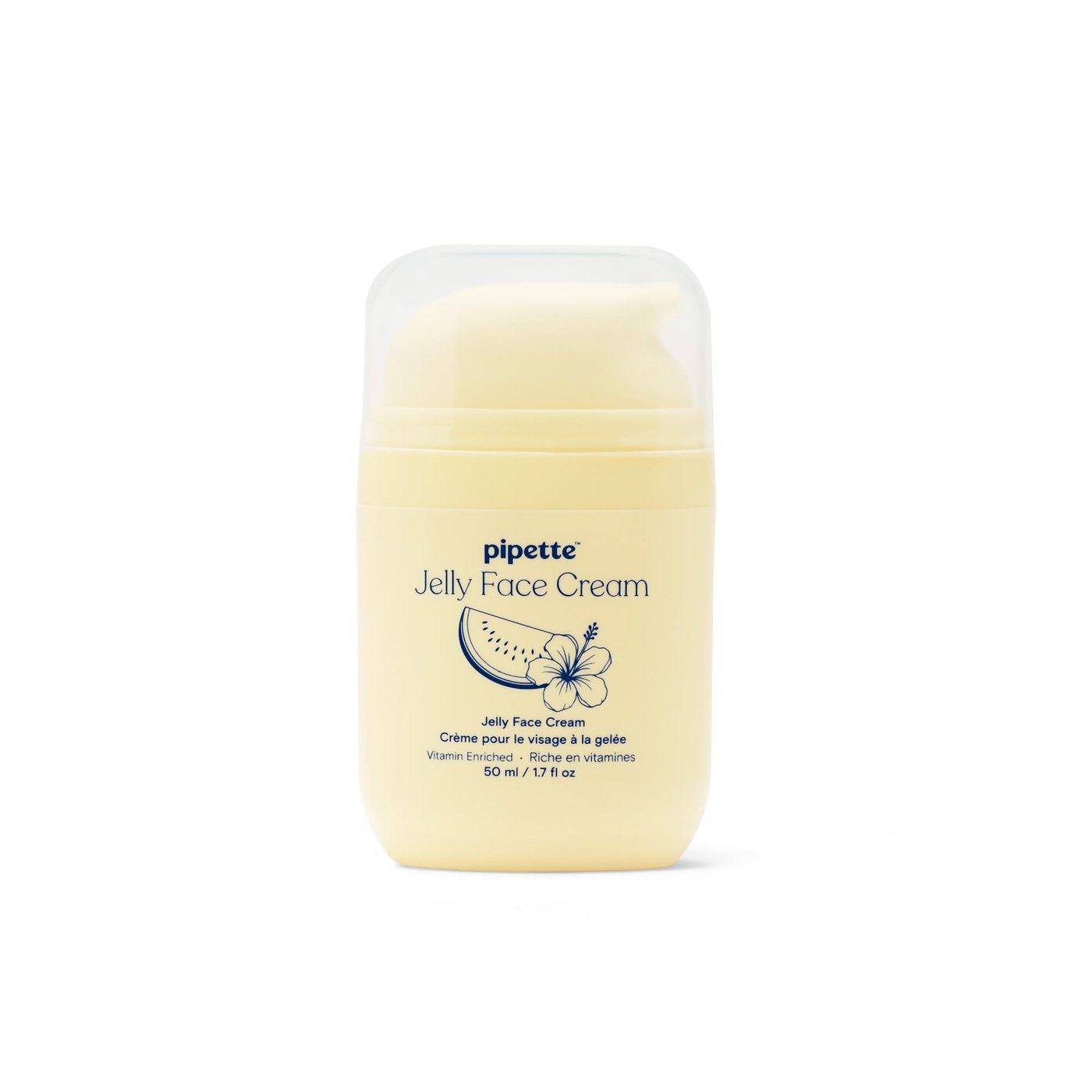 Pipette's Jelly Face Cream in a small pale yellow pump bottle on a white background.