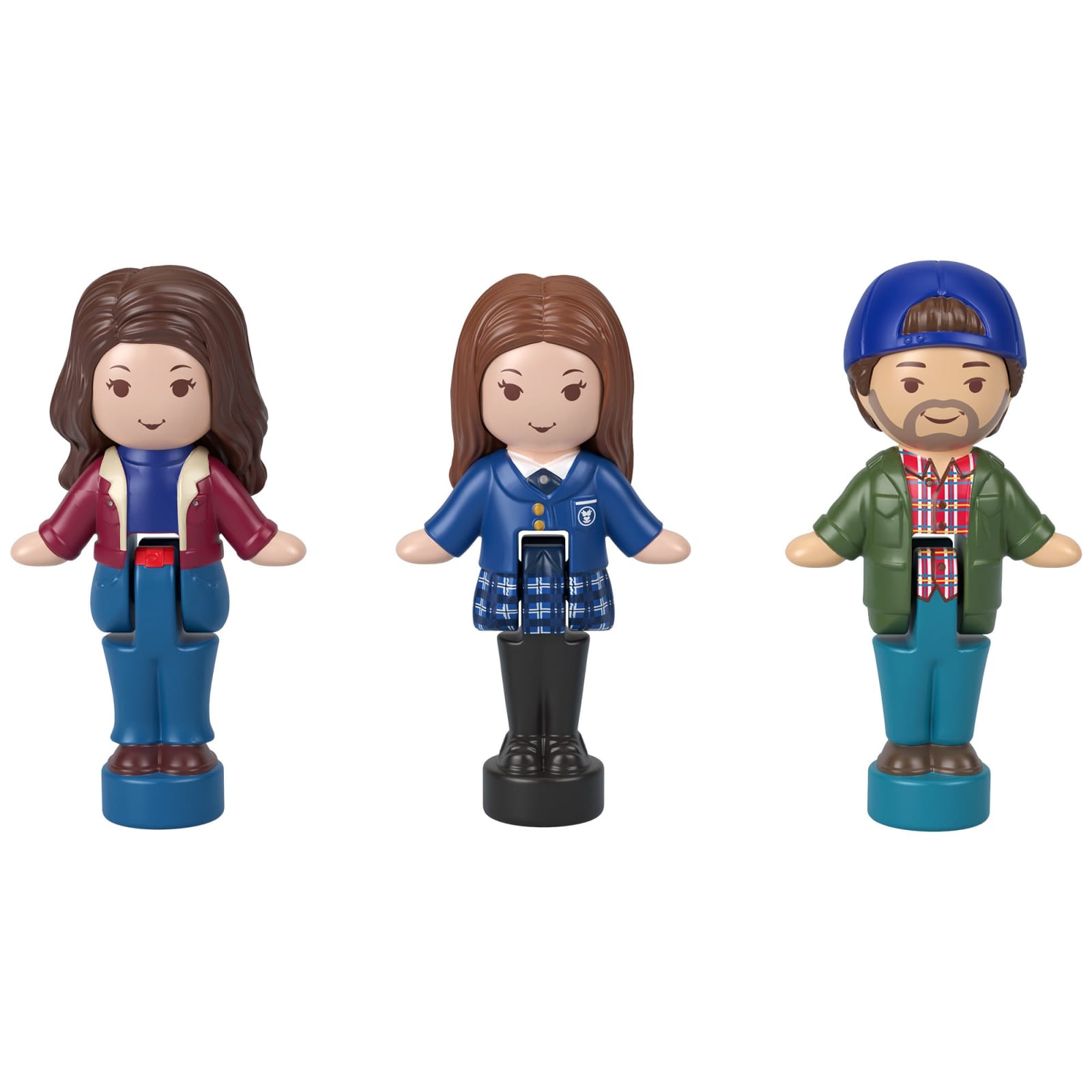 The three micro figures from the set: Lorelai, Rory and Luke.