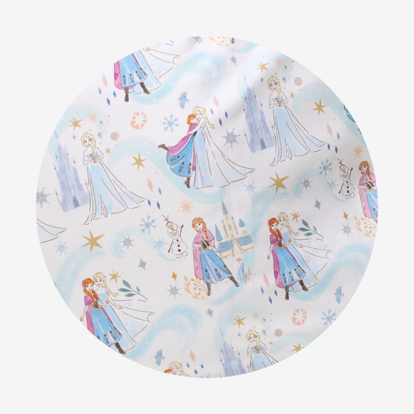 The Elsa and Anna print up close: the sisters, Olaf, a castle and gold stars on a pale blue ground.