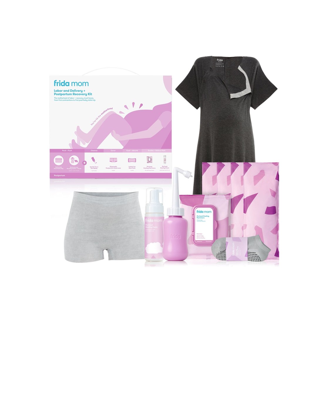 The Frida Mom Labor and Delivery + Postpartum Recovery Kit laid out with its box, mesh underwear, peri bottle and gown.
