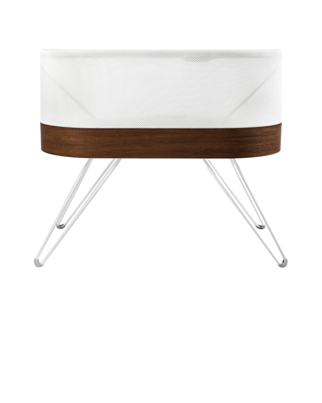 The SNOO Smart Sleeper bassinet on its white legs, the image Happiest Baby uses on its rental listing.