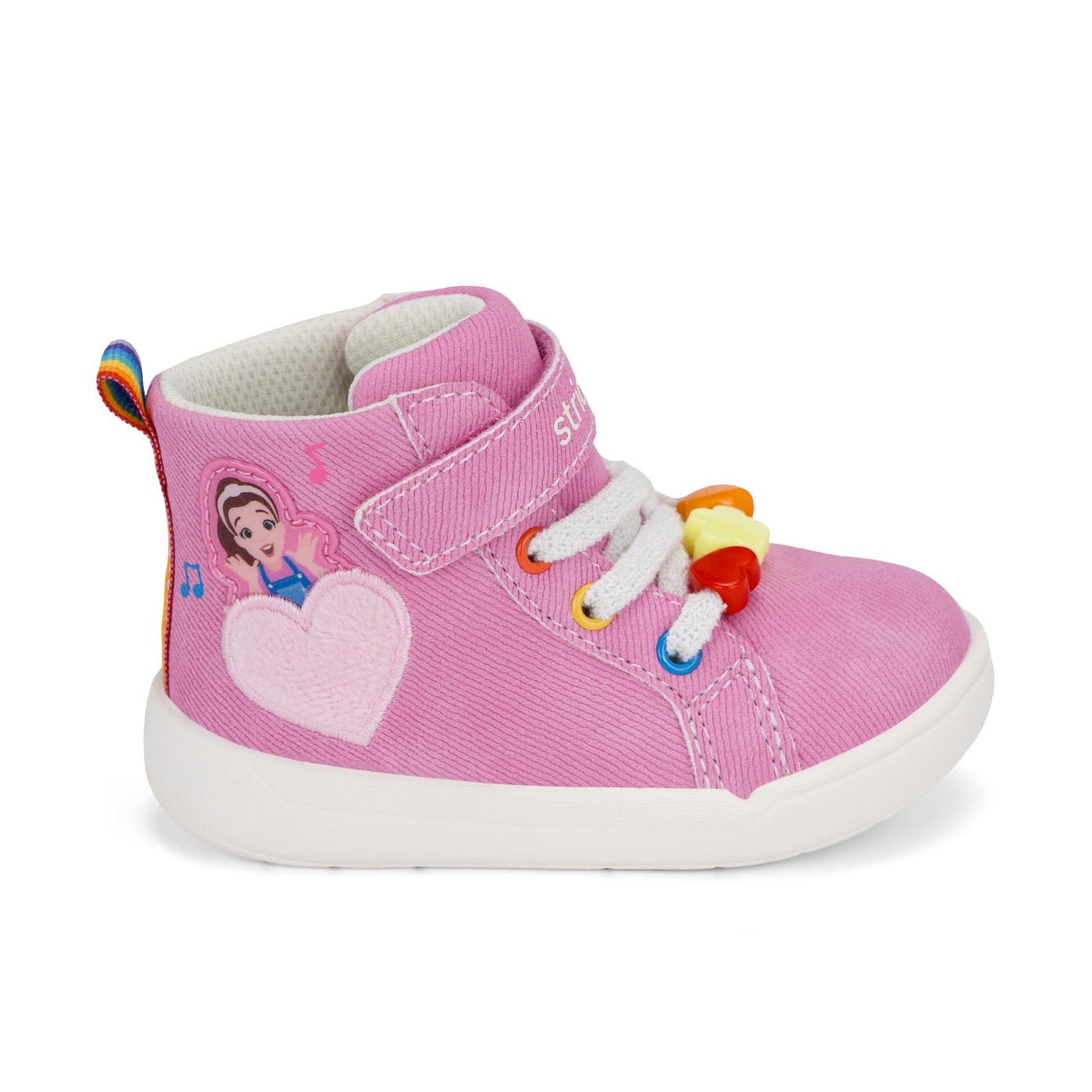 The Can You Say hi-top sneaker in pink, with a strap over the laces, rainbow eyelets and a furry heart.