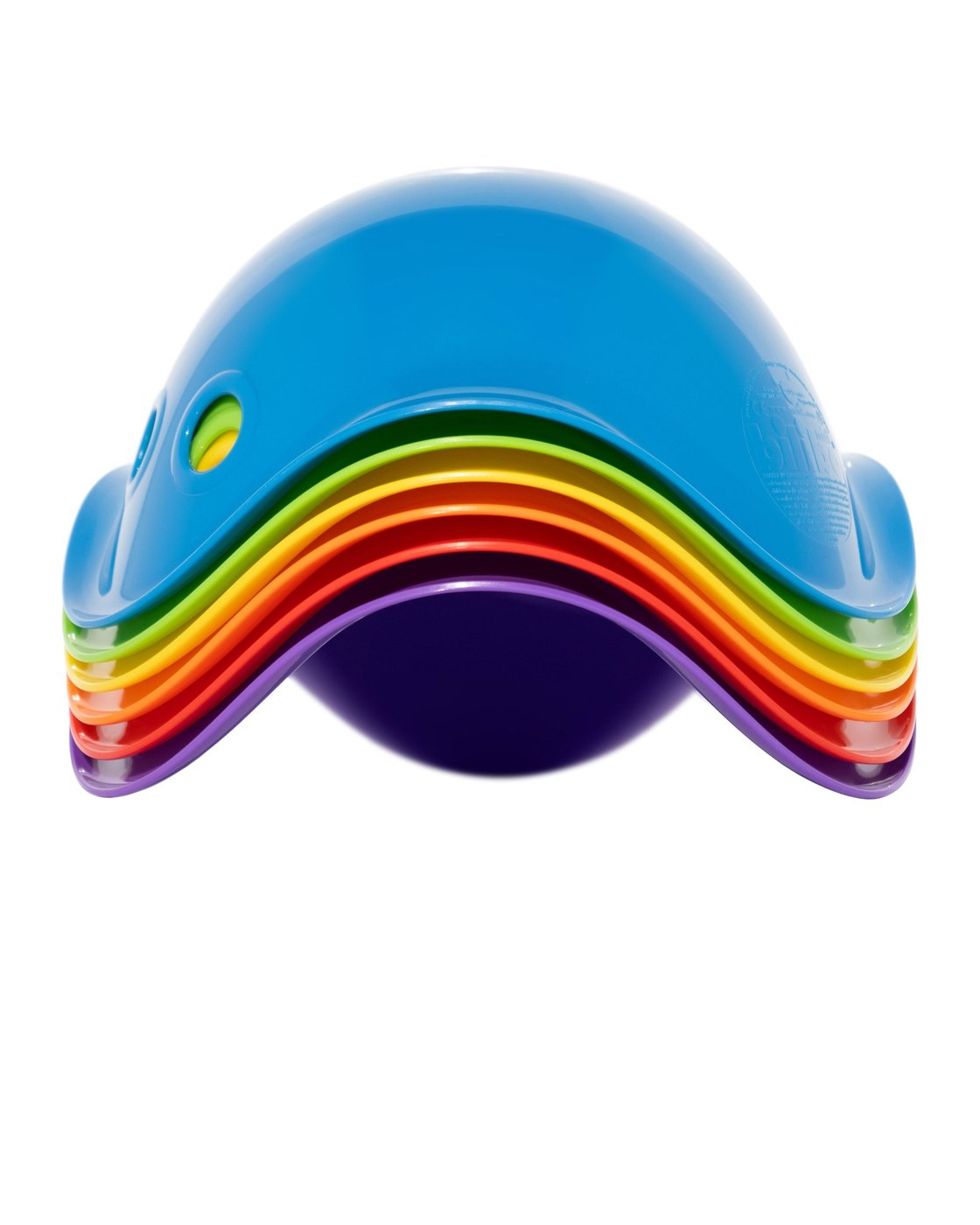 Six bilibo Midi shells stacked in a rainbow of colours, on white.