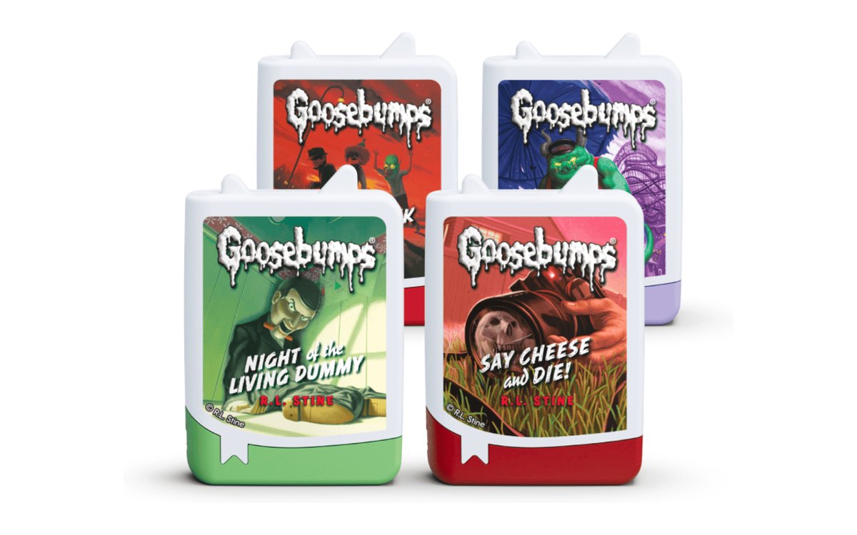 The Goosebumps Book Tonies 4 Pack, four white figures with book covers printed on them, on white.