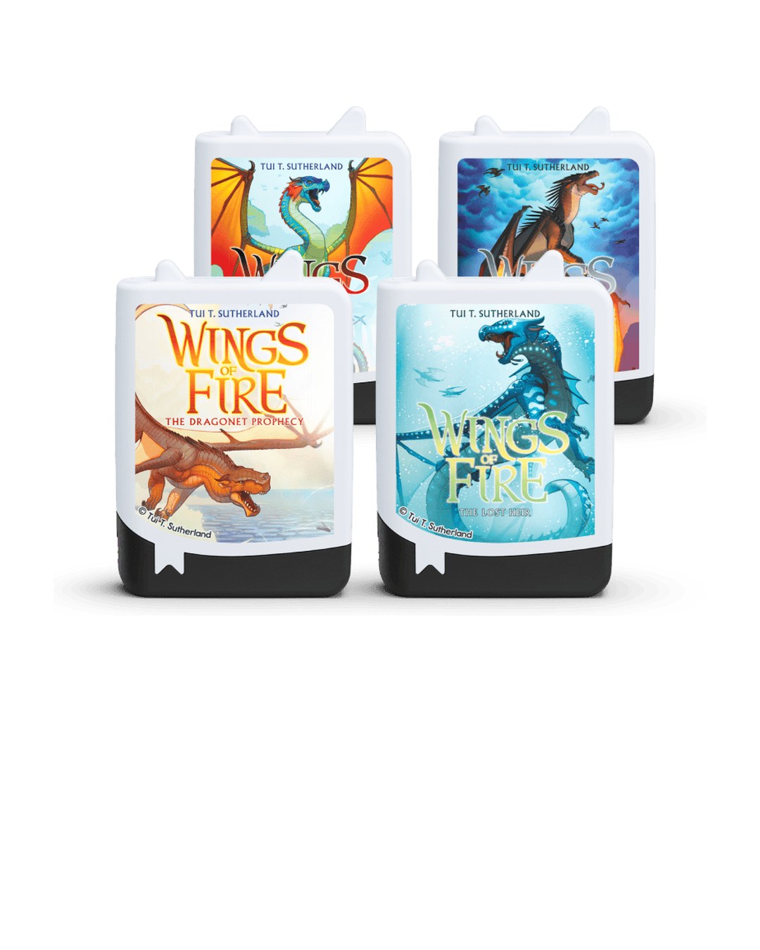 The Wings of Fire Book Tonies 4 Pack, four figures with dragon book covers printed on them, on white.